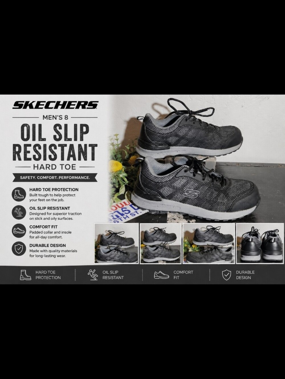 SKECHERS Men's 8 Oil Slip Resistant Hard Toe Black